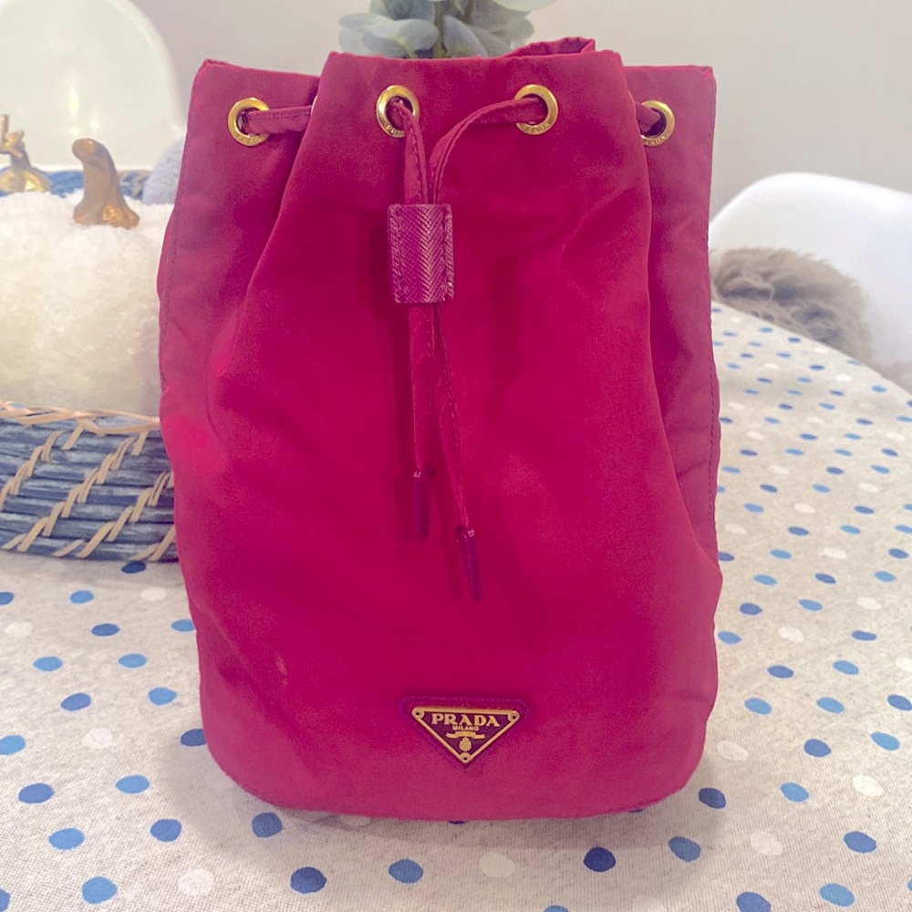 PRADA pink drawstring bag TESSUTO nylon and saffiano leather with gold hardware